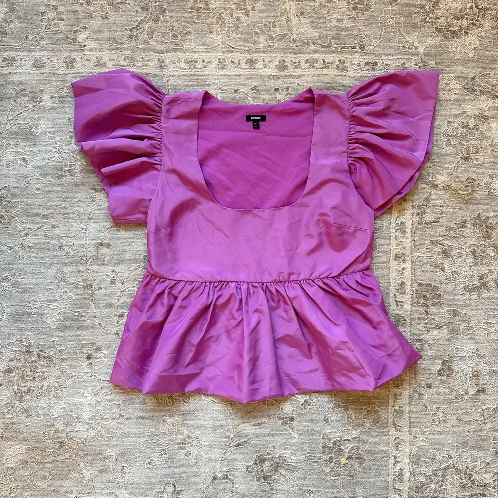 Express Peplum Pink Ruffle Short Sleeve Blouse Flutter Top Square Neck Business - Picture 2 of 5